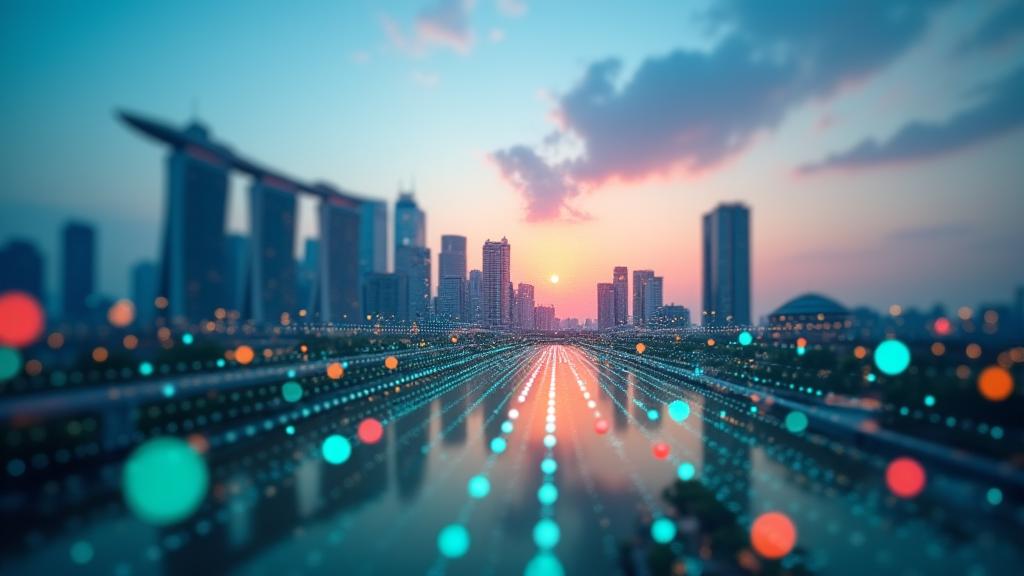 Abstract depiction of global connectivity and digital solutions with Singapore skyline.